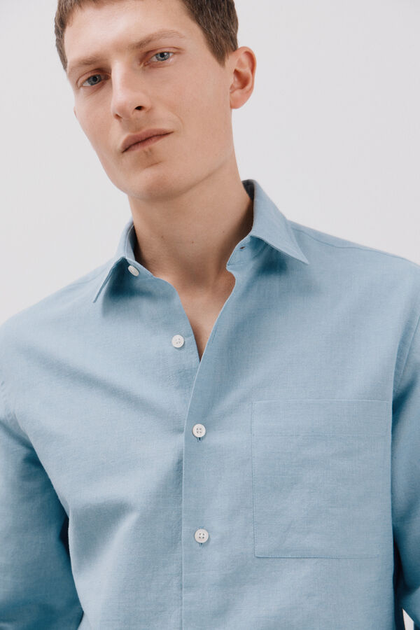 Cortefiel Camisa linho algod&atilde;o liso Azul