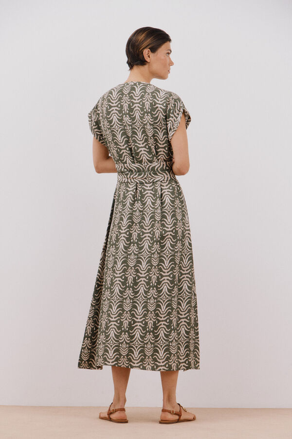 Cortefiel Vestido largo con cintur&oacute;n Estampado verde