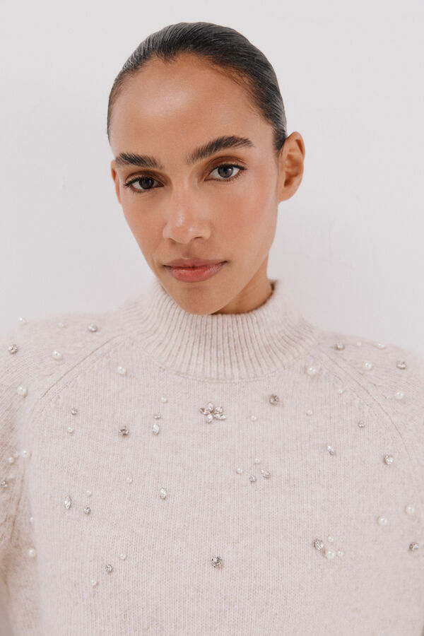 Cortefiel Jersey strass y perlas Marfil