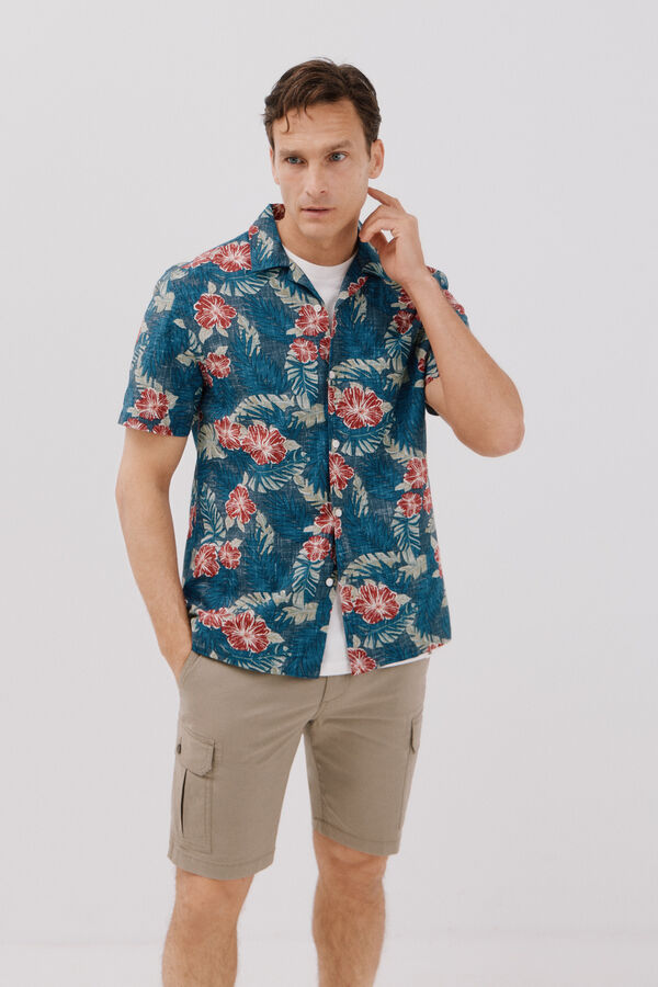 Cortefiel Camisa estampada manga curta Azul