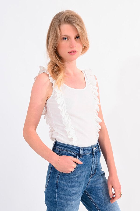 Molly Bracken Top de mulher sem manga com folhos Ecru