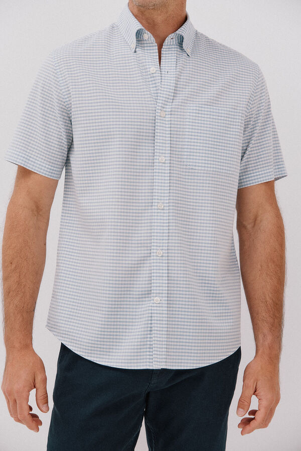 Cortefiel Camisa xadrez lisa, manga curta , algodão tencel Azul