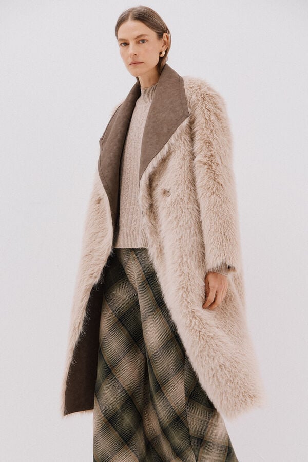 Cortefiel Abrigo largo efecto pelo reversible Marr&oacute;n oscuro