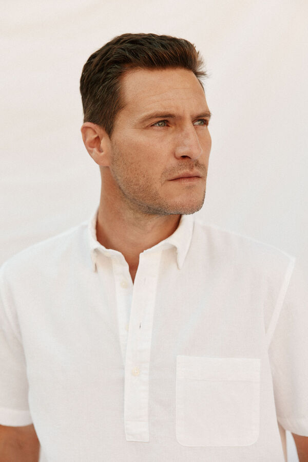 Cortefiel Camiseta de manga curta de algod&atilde;o e linho lisa Branco