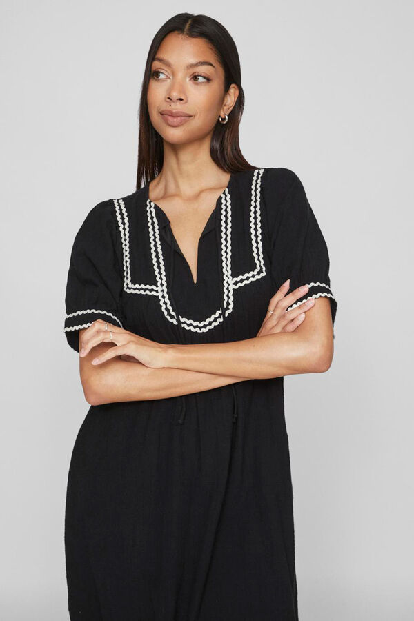 Vila Vestido midi com manga bal&atilde;o Preto