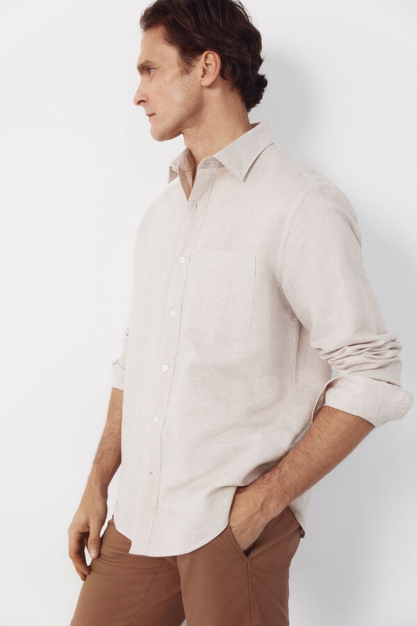 Cortefiel Camisa lino algod&oacute;n rayas Beige