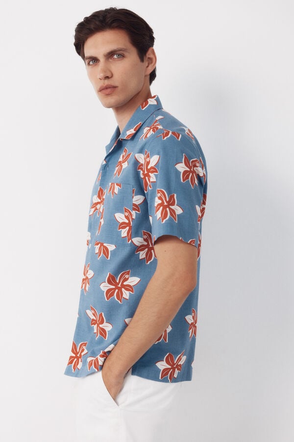 Cortefiel Camisa estampada de manga curta Azul