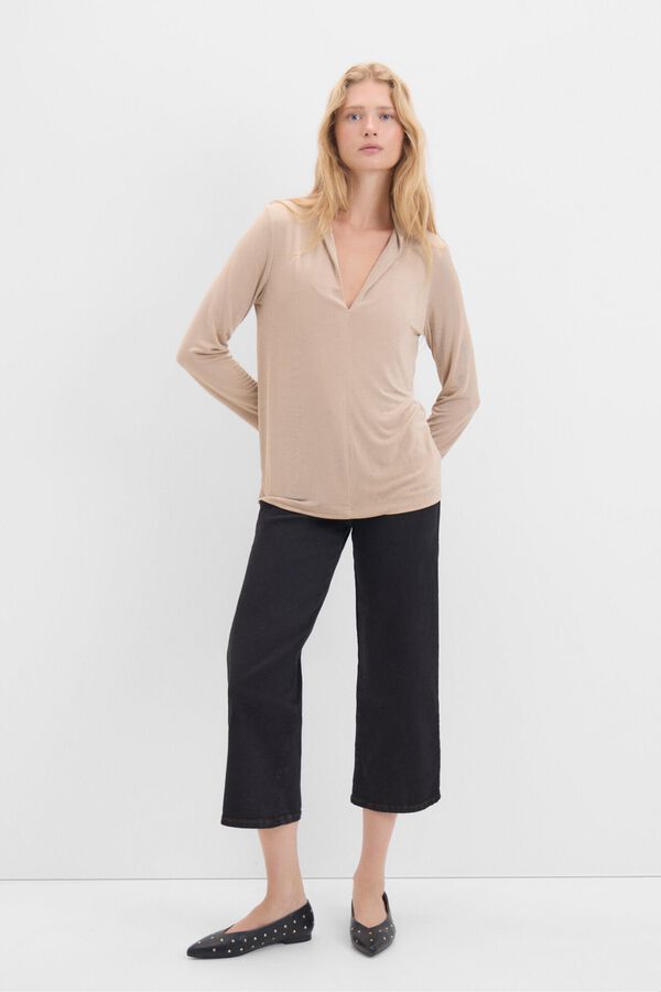 Cortefiel Camisola manga comprida crep&eacute; Castanho