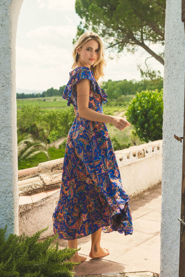 Jaase Vestido midi escote en V Estampado azul