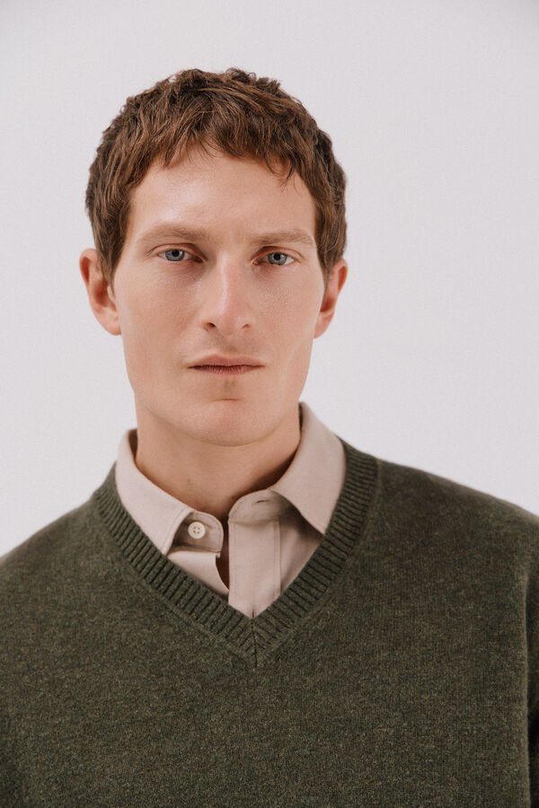 Cortefiel Jersey lana lambswool cuello pico Verde