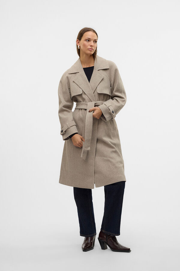 Vero Moda Abrigo largo anudado cintura Marr&oacute;n