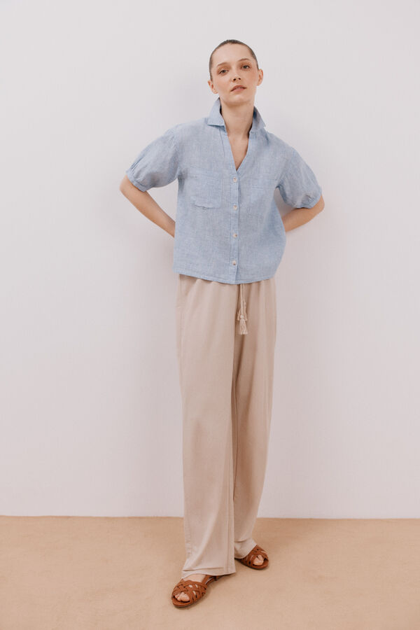 Cortefiel Camisa manga corta con lino Azul