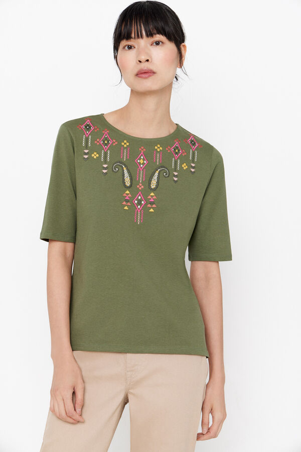 Cortefiel Camiseta bordada escote redondo Kaki