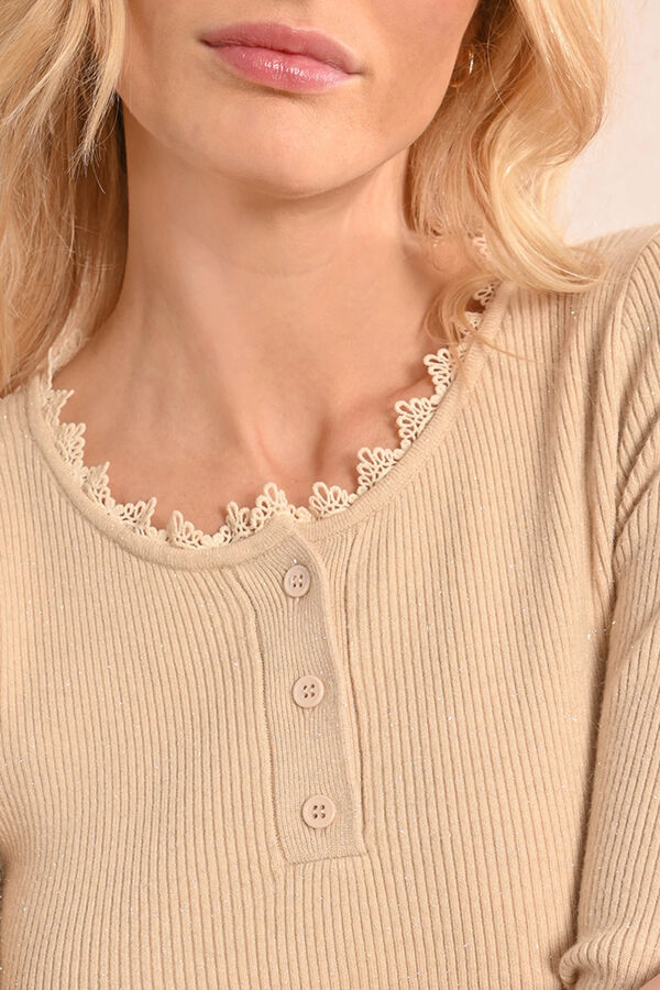Molly Bracken Camisola feminina de manga comprida com detalhe de decote Tostado
