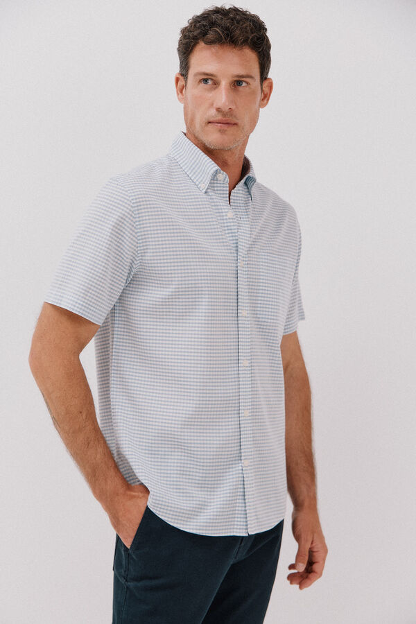 Cortefiel Camisa xadrez lisa, manga curta , algodão tencel Azul