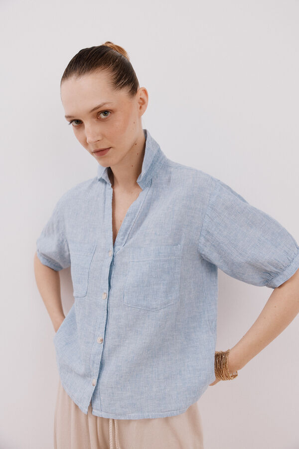 Cortefiel Camisa manga corta con lino Azul