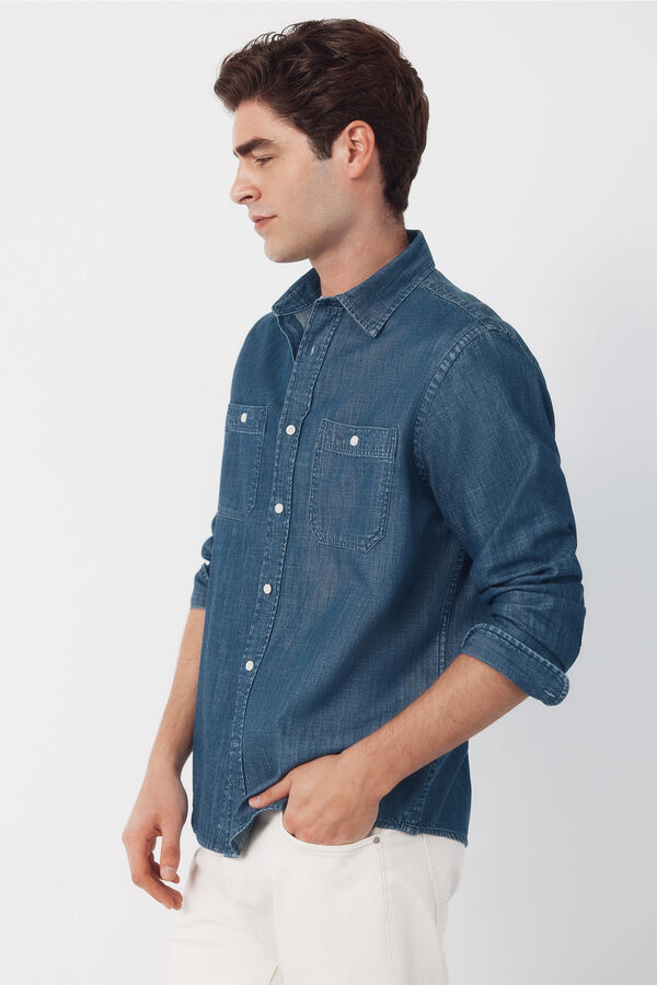 Cortefiel Camisa em denim chambray manga comprida Azul