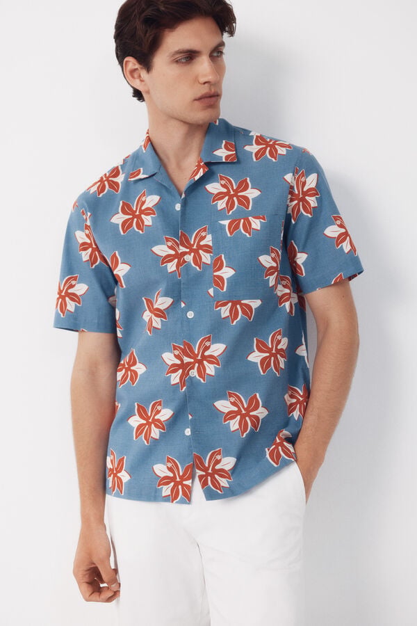 Cortefiel Camisa estampada de manga curta Azul