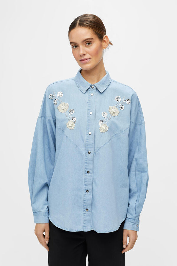 Cortefiel Camisa vaquera con detalles bordado Azul