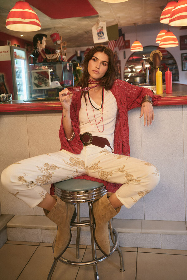 Slowlove Pantal&oacute;n bordado algod&oacute;n Beige