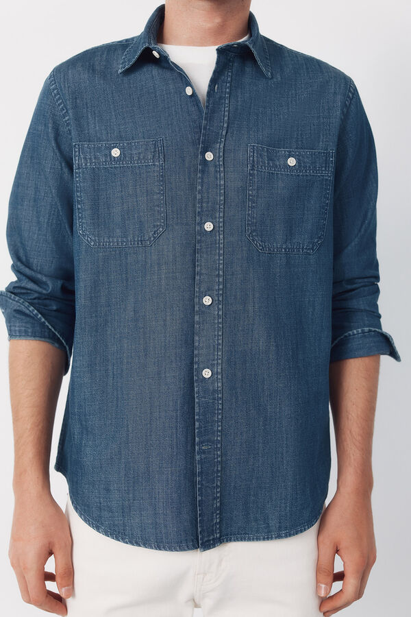 Cortefiel Camisa em denim chambray manga comprida Azul