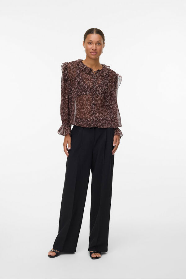 Vero Moda Camisa manga larga volantes Marr&oacute;n oscuro