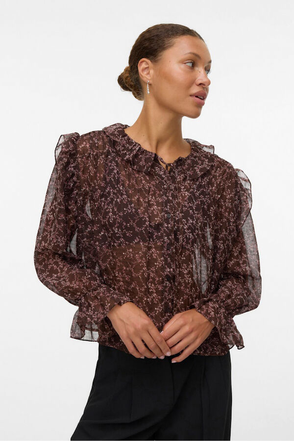 Vero Moda Camisa manga larga volantes Marr&oacute;n oscuro