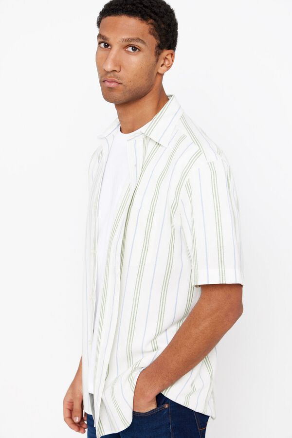 Cortefiel Camisa linho algod&atilde;o riscas curta Verde