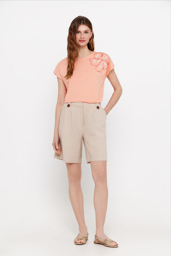 Cortefiel Camiseta bordado flor Coral