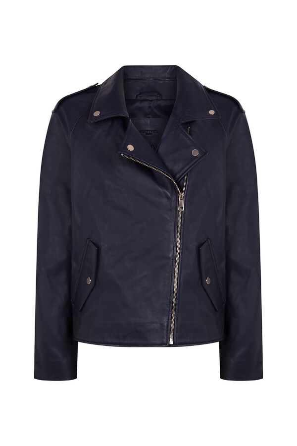 Cortefiel Cazadora piel biker corta Azul marino