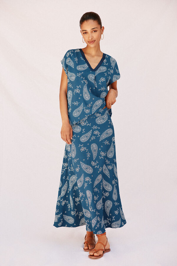 Cortefiel Falda midi evasé estampada Azul oscuro