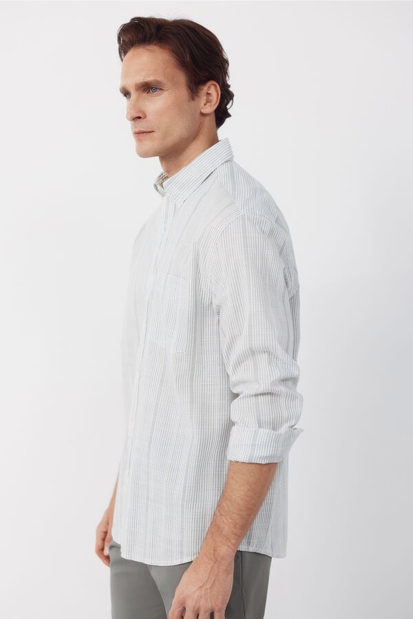 Cortefiel Camisa de riscas em algod&atilde;o slub Verde