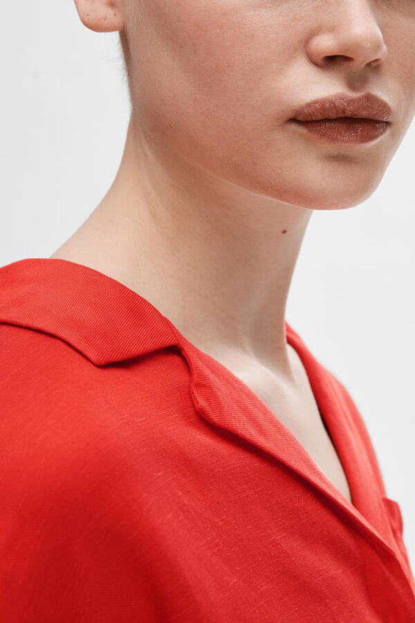 Selected Femme Camisa de linho de manga curta com bolso.  Azul