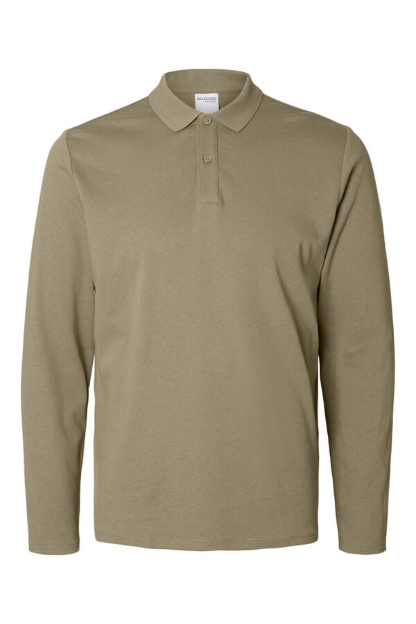 Selected Polo de manga comprida de algod&atilde;o reciclado.  Cinzento