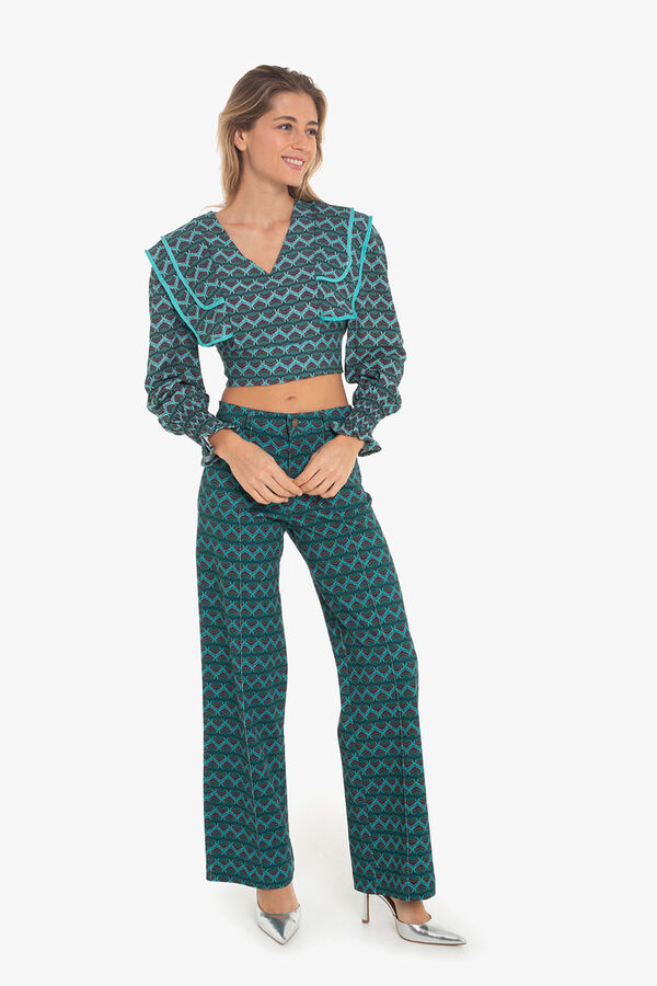 Cupl&eacute; Top cropped com lapela e estampado geom&eacute;trica Azul