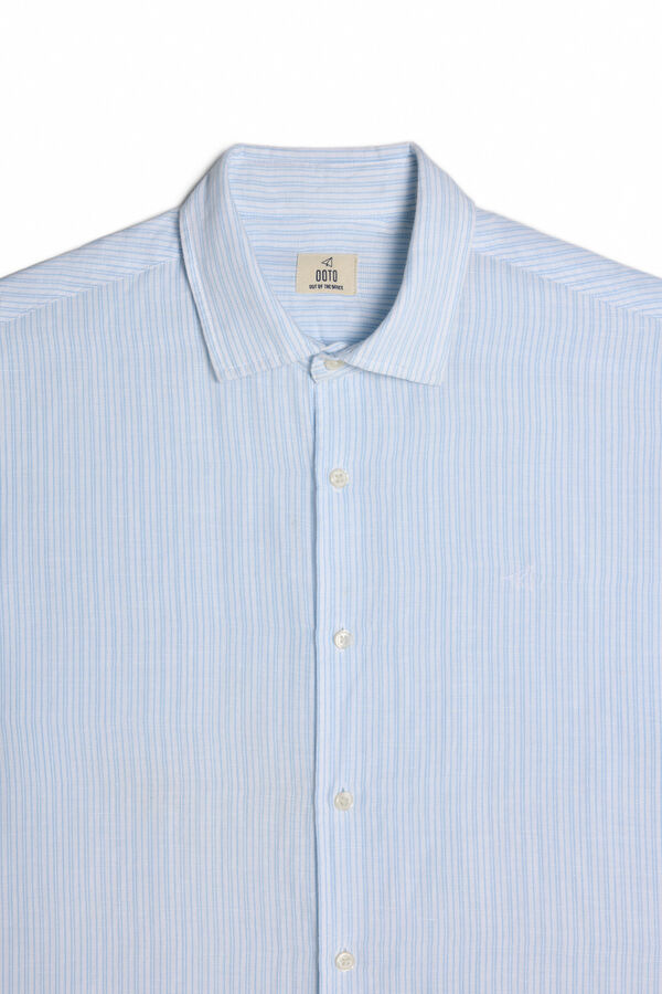 OOTO Camisa algod&atilde;o linho de raias  manga comprida Azul