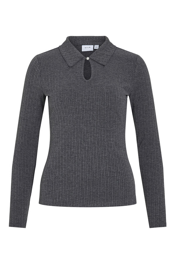 Vila Top de manga larga con cuello polo Gris