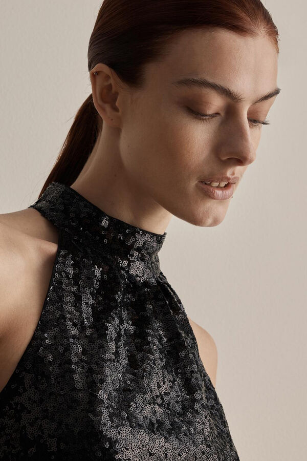 Selected Femme Top cuello halter de fiesta con lentejuelas confeccionado con materiales reciclados Negro