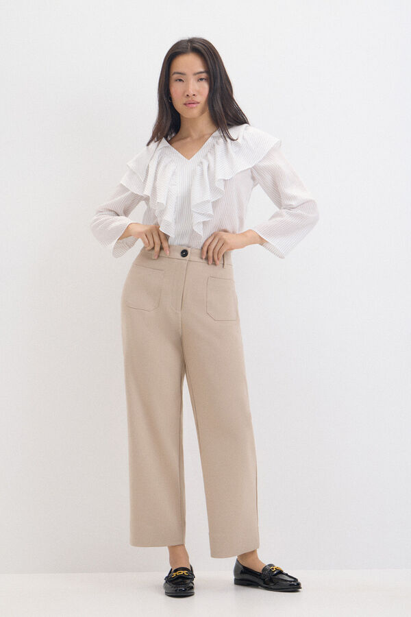 Cortefiel Blusa de rayas con volantes Estampado blanco