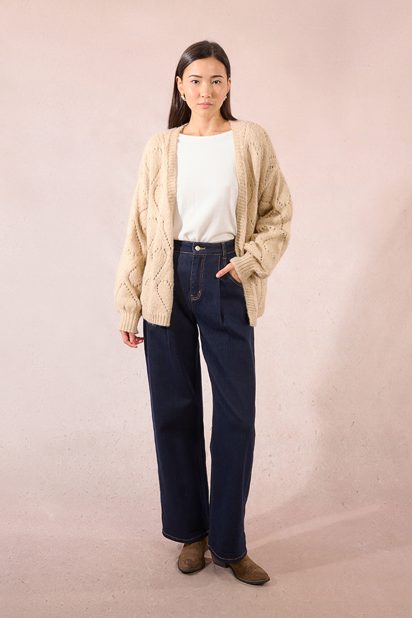 Molly Bracken C&aacute;rdigan de manga larga en punto calado detalle corazones