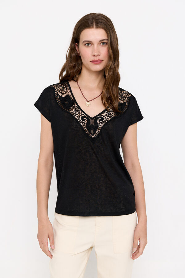 Cortefiel Camieta parche guipur cuello pico Negro