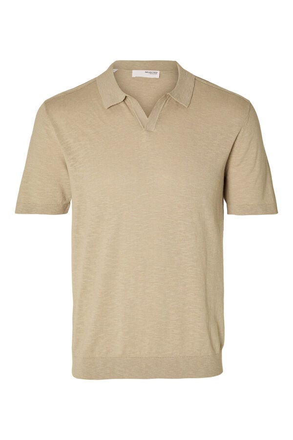 Selected Polo de manga curta confecionado com linho e algod&atilde;o.  Cinzento
