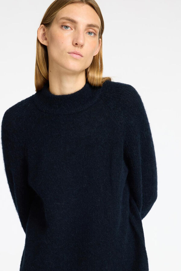 Selected Femme Vestido midi de gola alta confeccionado em l&atilde; e alpaca. Azul