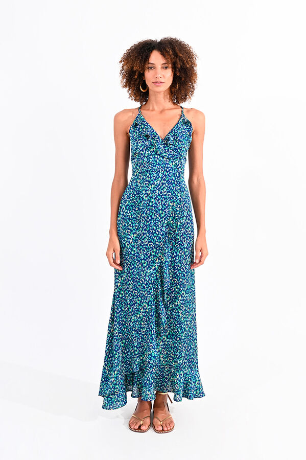 Molly Bracken Vestido de tirantes cruzado con volantes y estampado Azul