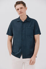 Cortefiel Camisa de manga curta de algod&atilde;o e linho simples Azul