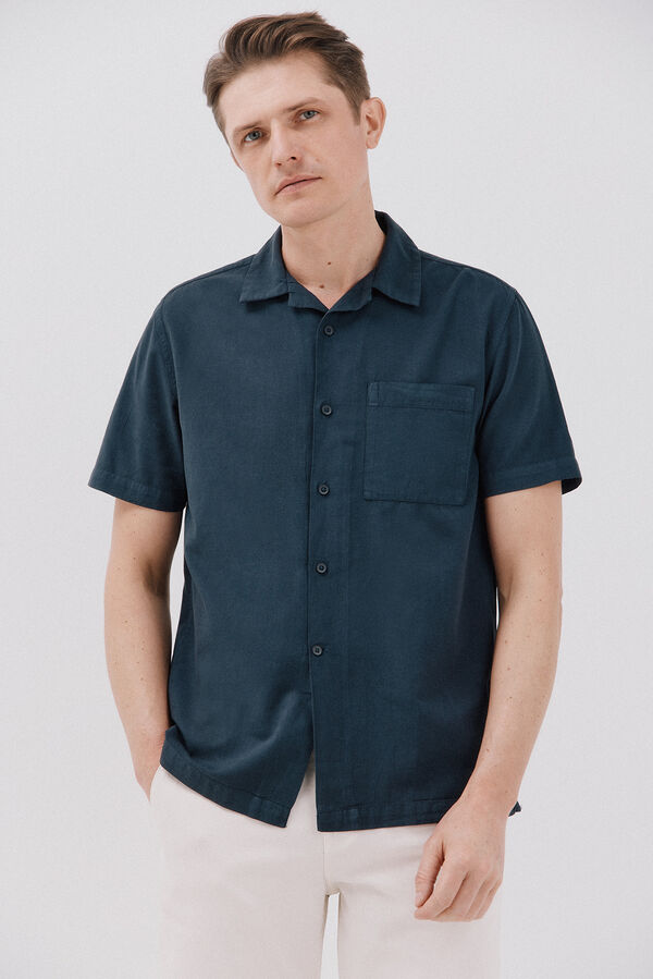 Cortefiel Camisa de manga curta de algod&atilde;o e linho simples Azul