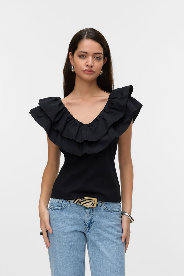 Vero Moda Blusa de algod&atilde;o com folho Preto