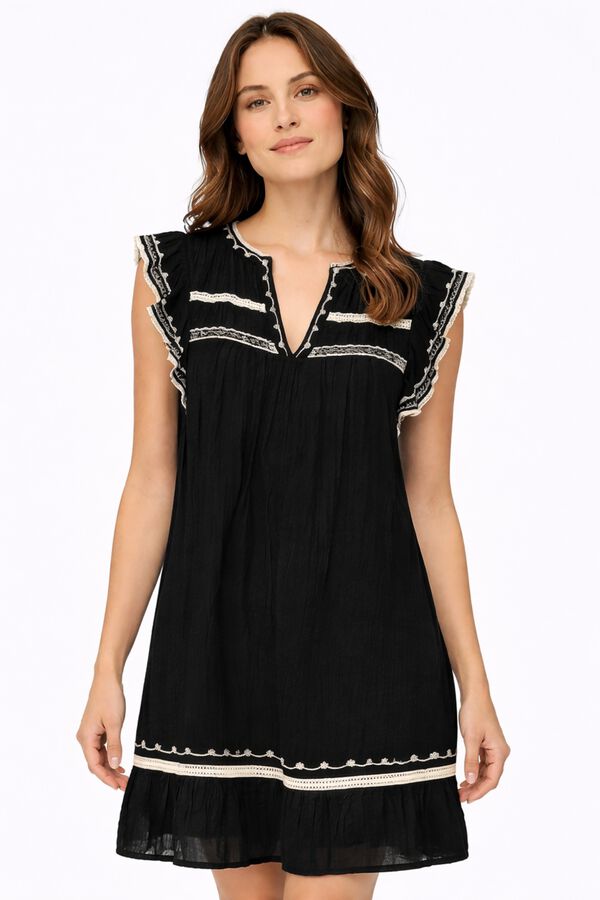 Vila Vestido curto com bordados em algod&atilde;o org&acirc;nico Preto