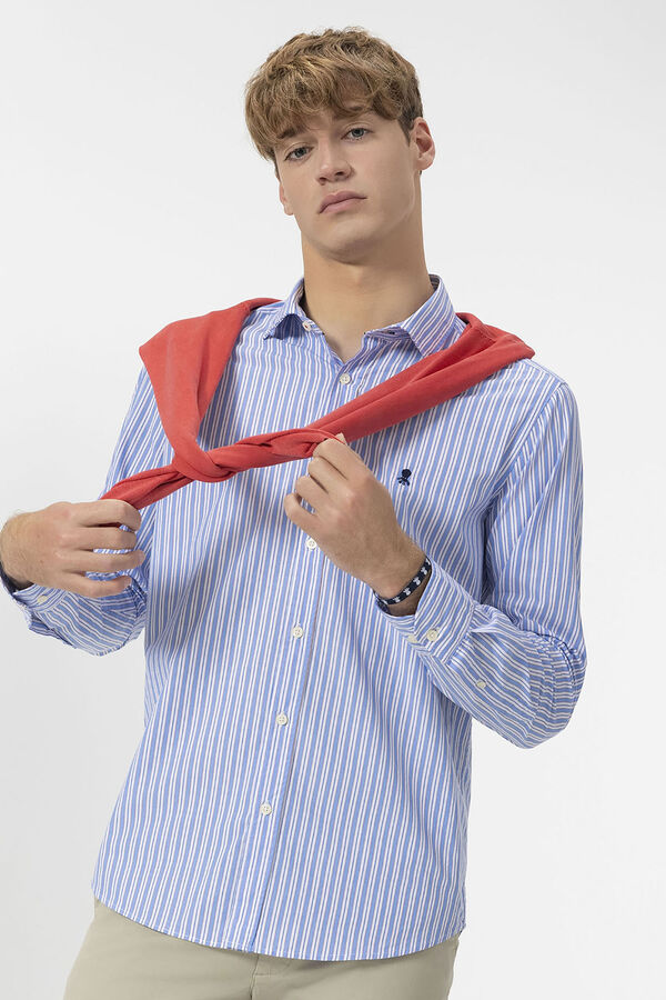 elPulpo Camisa de popelina com gola italiana com riscas m&uacute;ltiplas Azul