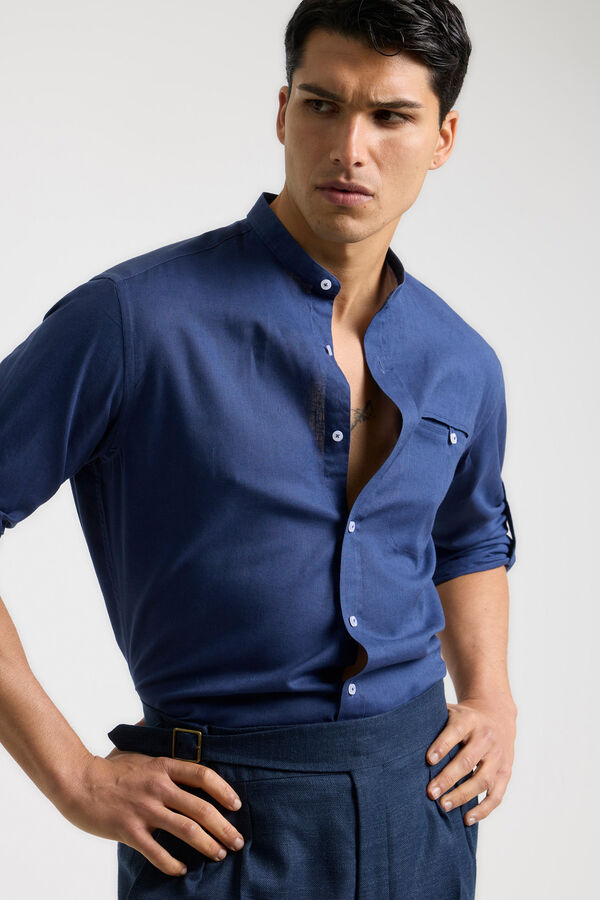 PuroEGO Camisa lino lisa cuello mao Azul